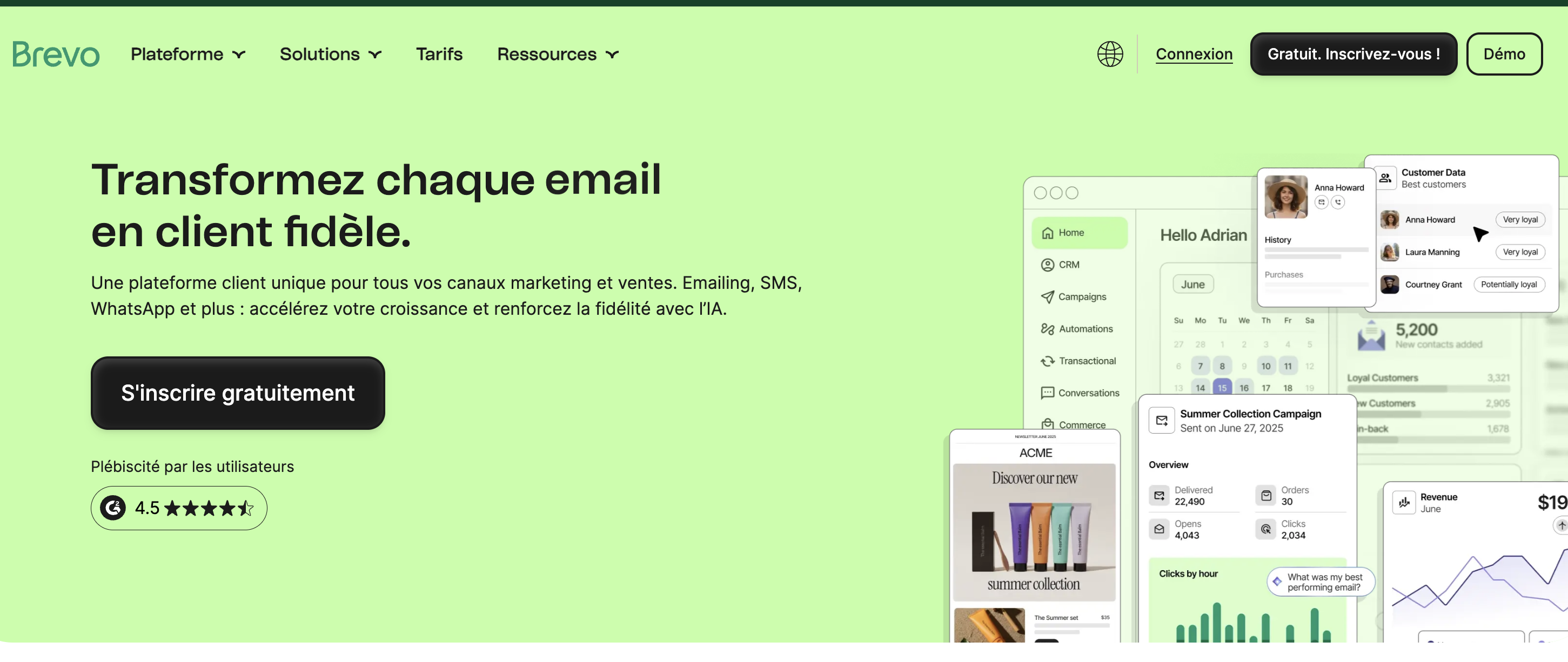 Page d'accueil Brevo — plateforme marketing avec prise de rendez-vous