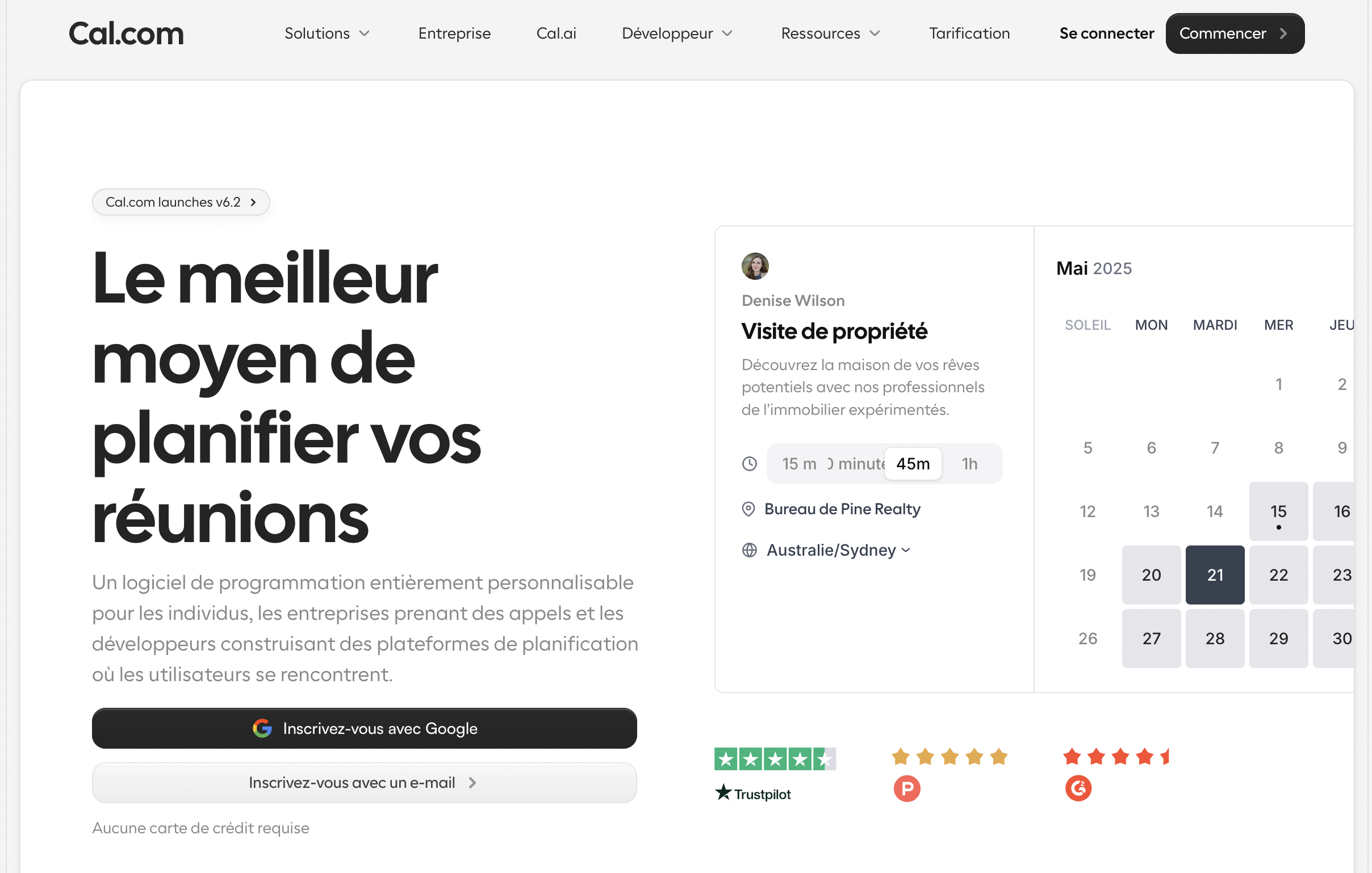 Page d'accueil Cal.com — Le meilleur moyen de planifier vos réunions