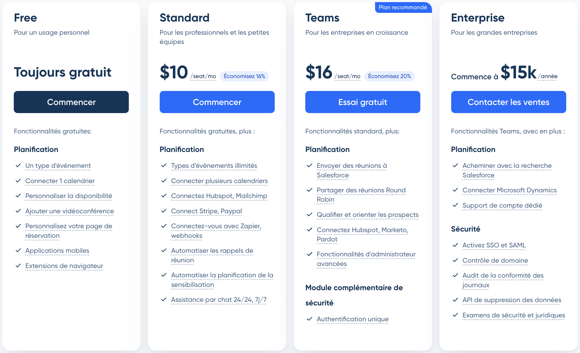 Page pricing de Calendly montrant les plans Free, Standard, Teams et Enterprise