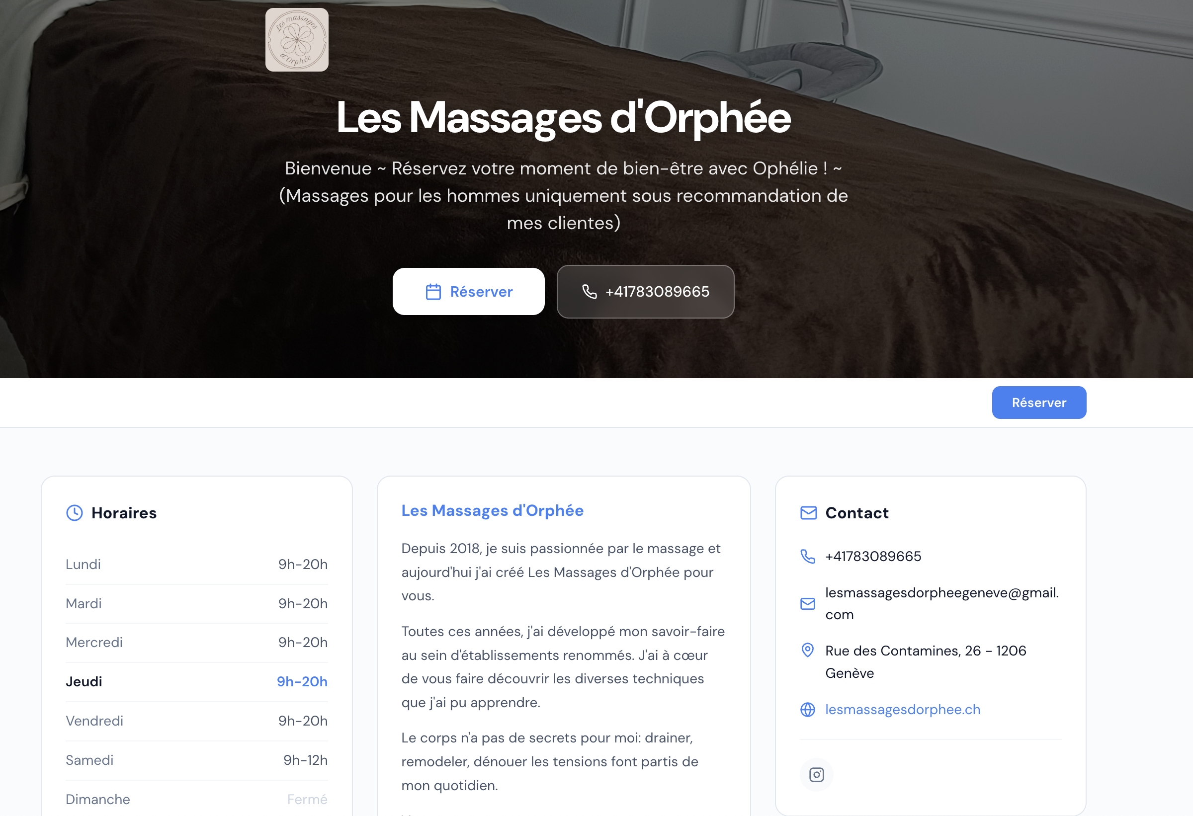 Mini-site BookyWell - vue desktop avec prestations et bouton Réserver