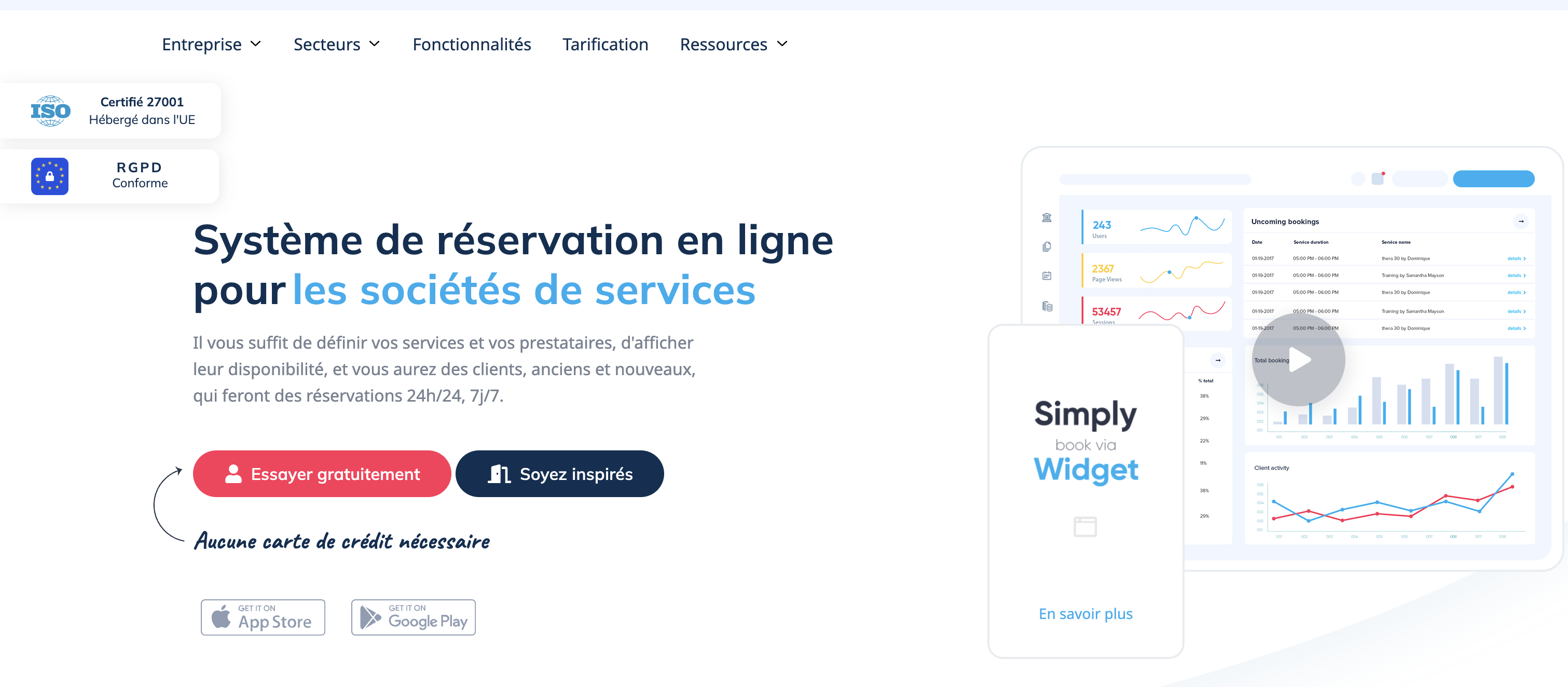 Interface SimplyBook.me — plateforme de réservation modulaire